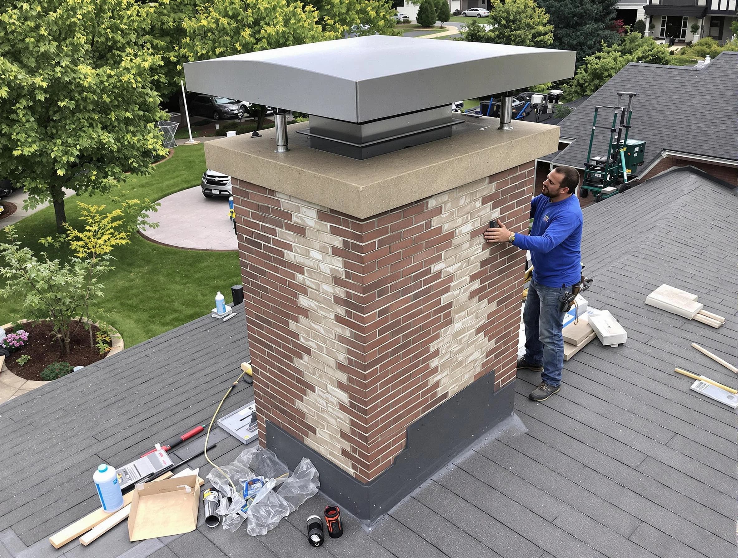 Union City Chimney Sweep team working on a custom chimney remodel in Union City, GA
